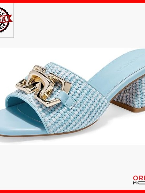 Shoes - Raffia Slide Sandals Chunky Block Heel Square Open Toe Metal Chain Mules